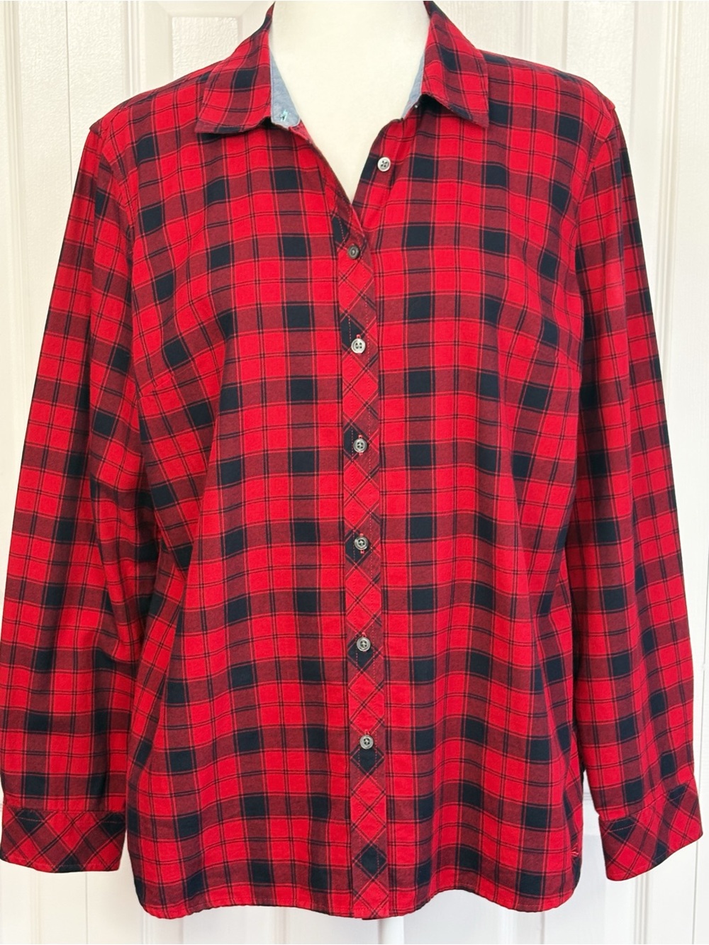 Talbots Red & Black Buffalo Check Plaid Flannel Cotton Button Down Shirt LP